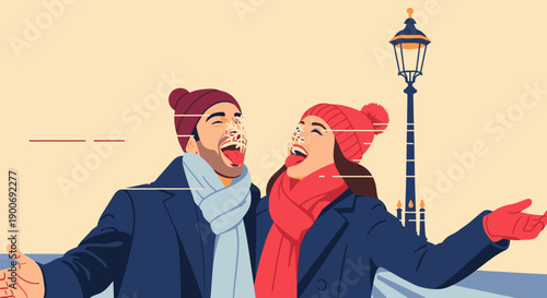 An ecstatic man and woman share a moment of pure delight, dressed in cozy winter gear, enjoying the festive atmosphere outdoors.