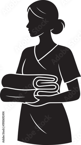 Woman holding folded towels, spa therapist or hotel maid silhouette on transparent background