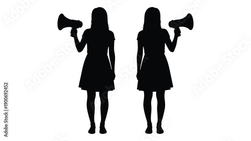 Silhouettes of two women holding trumpets facing forward in a symmetrical pose