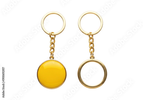 Two unique golden keychains with oval and round charms isolated on transparent background