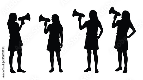 Four silhouettes of women holding megaphones facing forward in a row