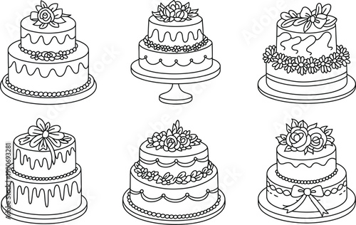 Beautiful multi tiered cakes adorned with flowers frosting and decorative ribbons for wedding celebrations