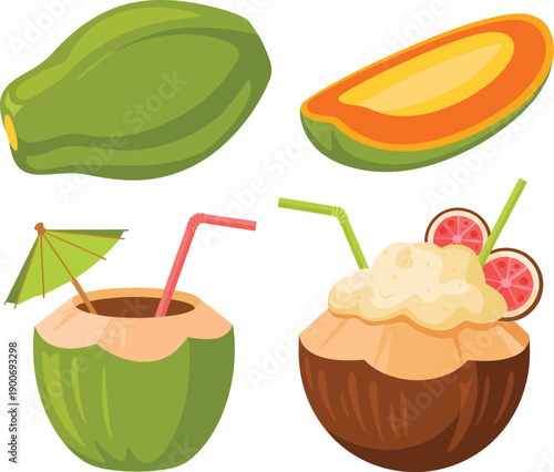 Fresh papaya fruit and tropical coconut drinks with umbrellas, cartoon style