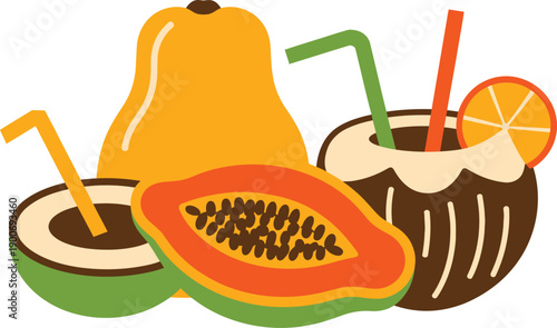 Flat design illustration of papaya fruits and coconut drinks including whole fruit half fruit and sliced fruit