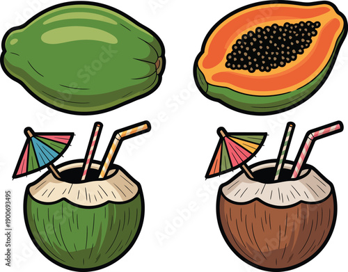 Whole and sliced papaya fruit with tropical coconut drinks 
