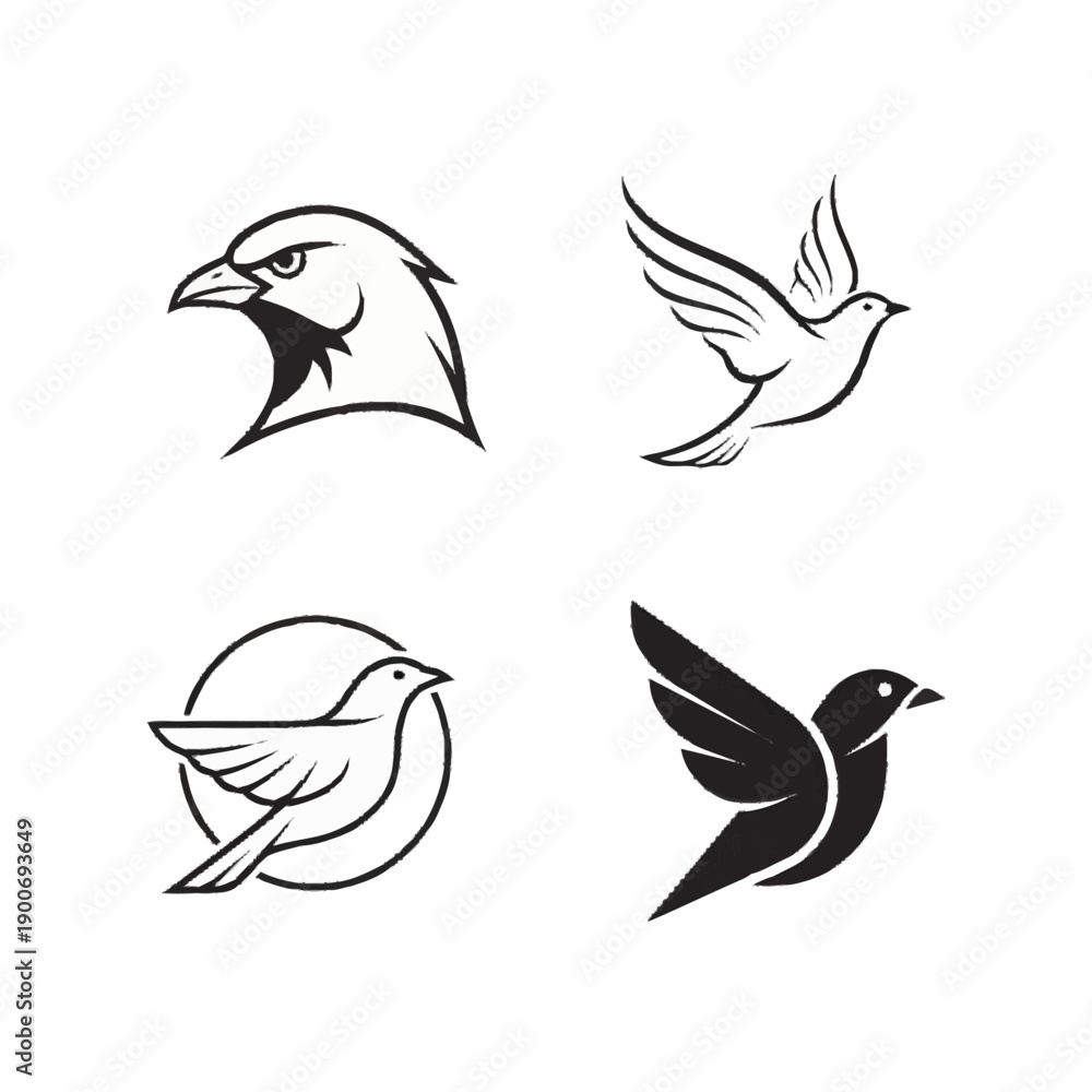 Obraz premium Four minimalist black and white bird logos, including an eagle head, a flying dove, a bird in a circle, and a solid silhouette.