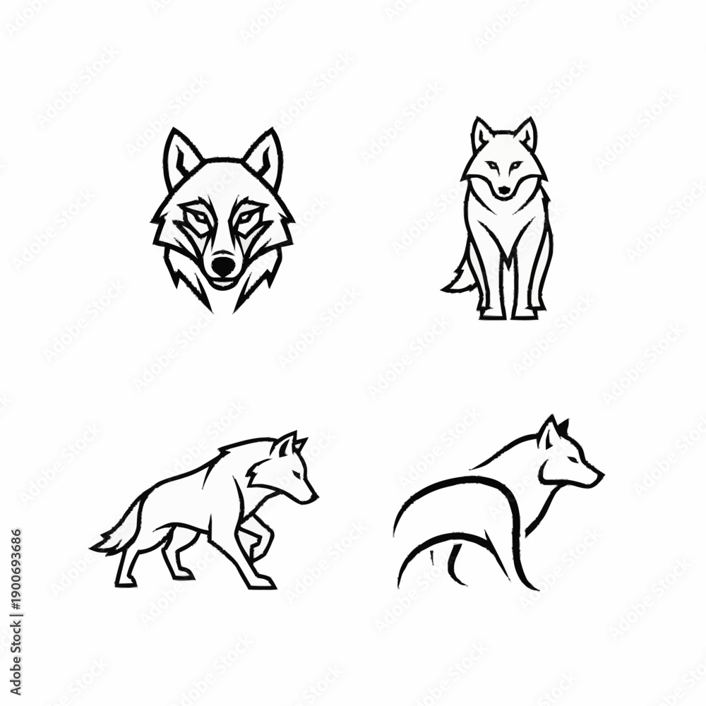 Fototapeta premium Four distinct black and white line art illustrations of wolves in various poses and styles, including a detailed head, a seated wolf, a walking wolf, and a stylized profile.