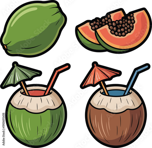 Green papaya whole and sliced with coconut drinks