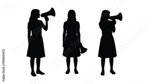 Three silhouetted figures with megaphones against a plain white background