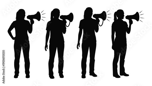 Four silhouetted figures holding megaphones seemingly addressing a crowd high quality