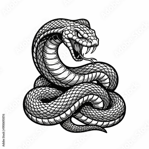 Detailed black and white illustration of a coiled cobra snake with fangs exposed and hood spread, ready to strike.