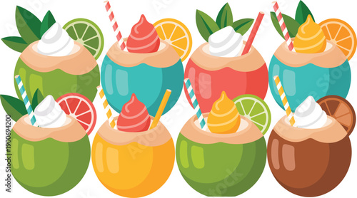 Vibrant coconut cocktails with colorful fruits and creamy toppings, ideal for summer parties, beach drinks