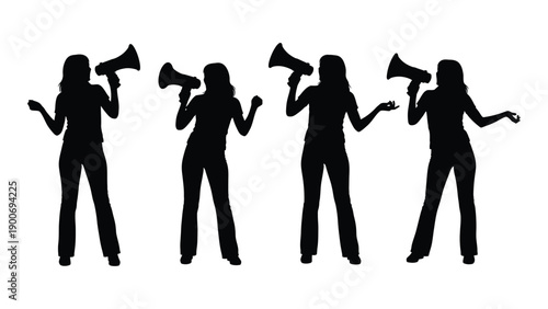 Silhouette of five women dancing with trumpets creating a rhythmic visual sequence