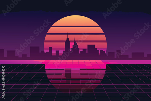 A futuristic cityscape with a vibrant sunset and reflective water surface