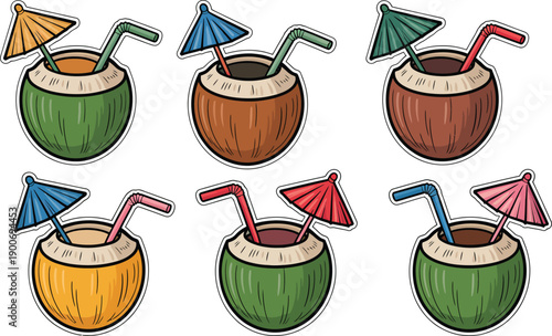 Assorted coconut drinks adorned with mini umbrellas and straws, perfect for tropical parties, beachside celebrations