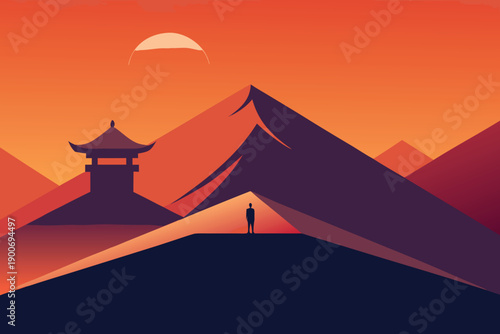 Mountain landscape vector illustration with desert sunset and Egyptian pyramids