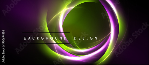 Abstract neon circles over dark background. Vibrant green, purple hues create modern visual effect. Simple design, elegant presentation.