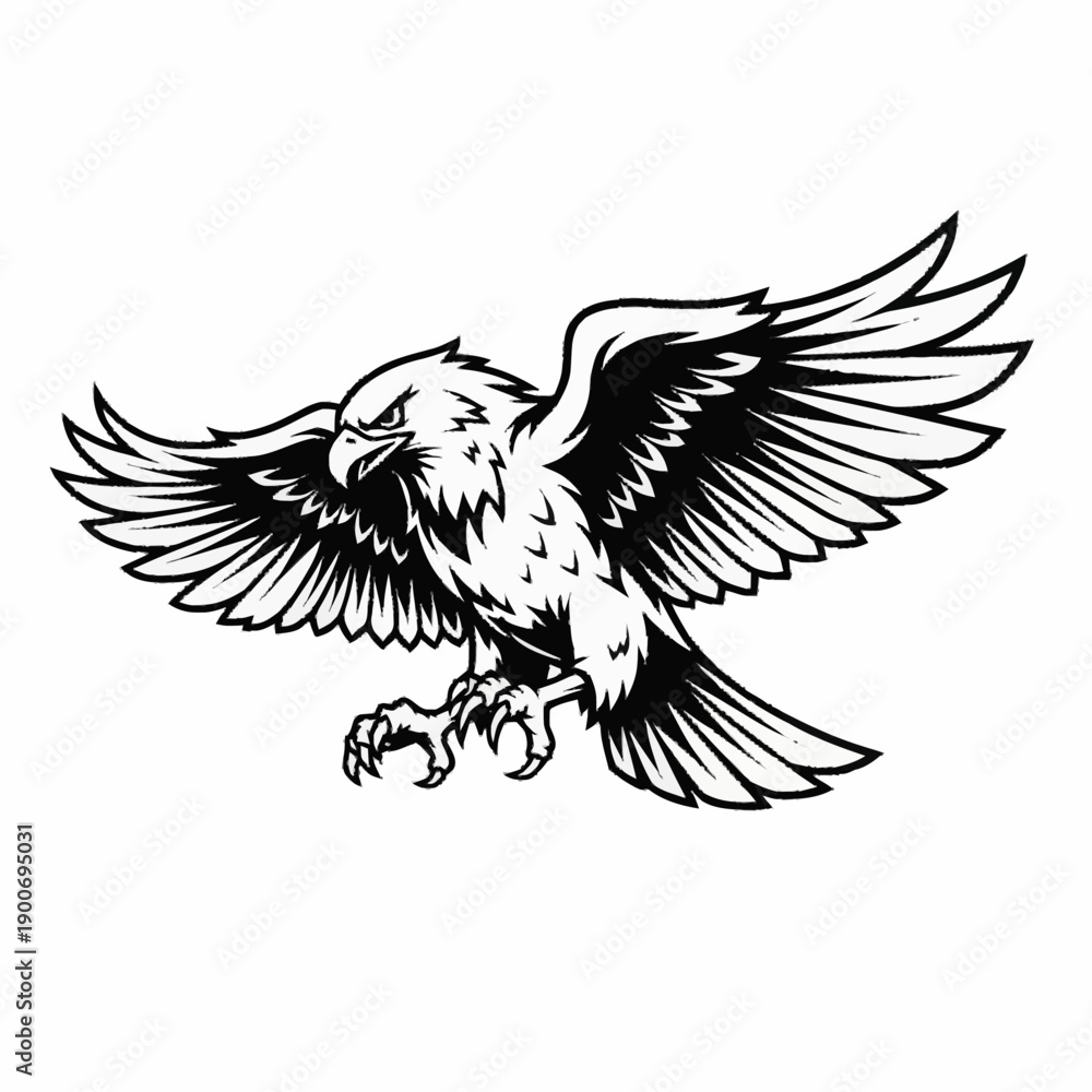 Obraz premium Powerful black and white illustration of an eagle in flight with wings spread and talons extended, ready to strike.