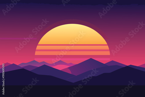 A vibrant sunset over a mountain range with a large sun in the sky