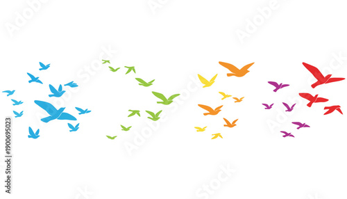 A flock of colorful birds flying in formation against a white background