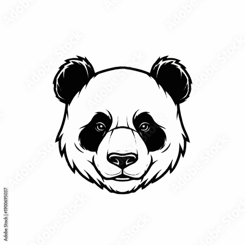 Detailed black and white illustration of a giant panda's head looking directly forward with a friendly expression.