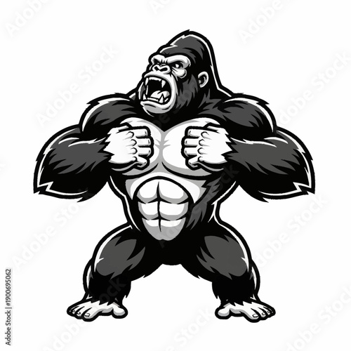 Powerful muscular gorilla mascot standing upright and beating its chest with an aggressive expression, black and white cartoon style.