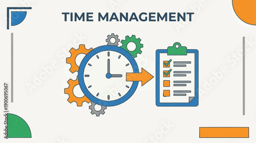 Time Management Concept: Clock, Gears, Checklist, and Forward Arrow Illustration