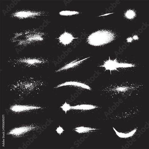 White Spray Paint Splashes and Grunge Brush Strokes Collection on Black Background Texture