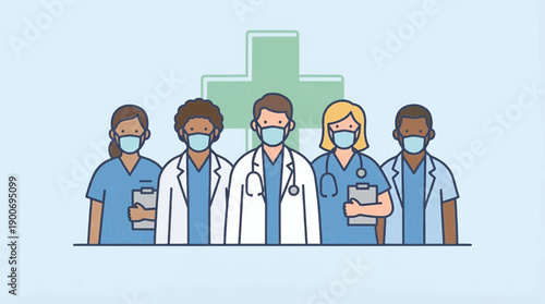 Diverse group of healthcare professionals wearing masks, medical team illustration