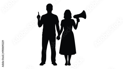 Silhouette of a couple a man pointing and a woman speaking into a megaphone