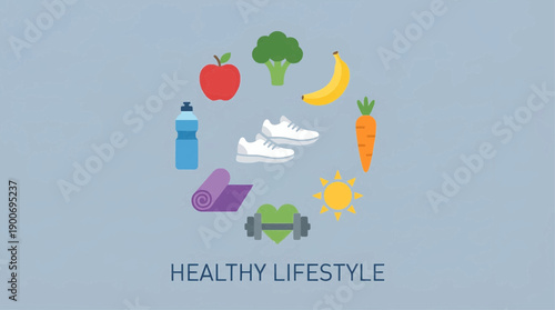 Healthy Lifestyle Elements: Apple, Broccoli, Banana, Carrot, Water, Yoga Mat, Dumbbell, Sun