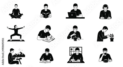 Black and white illustration set of man in various states of relaxation and productivity