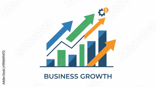 Business growth concept with upward trending arrows and bar graphs, dollar sign gears
