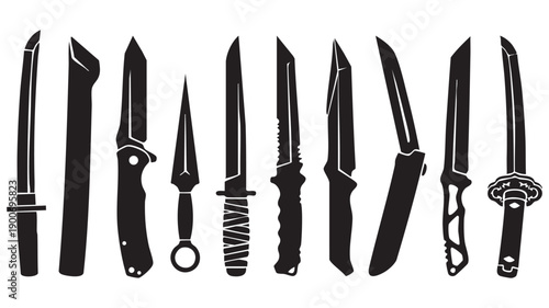 Modern tactical blade and combat knife silhouettes with various grips Black Vector Tanto Blade Icon Set - 10 Japanese Dagger & Tactical Knife Silhouettes
