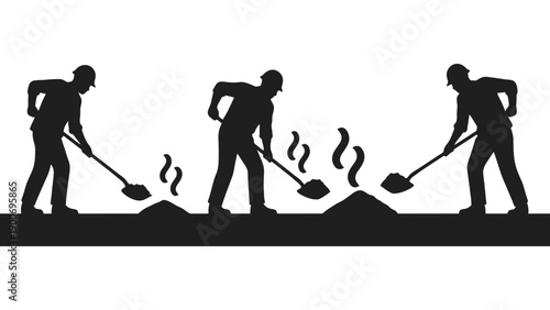Three construction workers shoveling hot asphalt on a sunny day