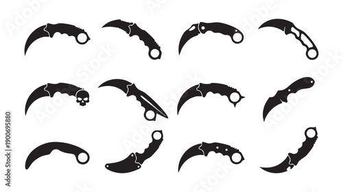 Karambit knife silhouettes with curved blades and finger ring handles Black Vector Karambit Icon Set - 12 Curved Claw Knife Silhouettes
