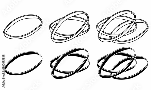 rubber band icon set.also known as an elastic, gum band or lacky band. vector illustration in thin,line, outline, silhouette, isolated white background.