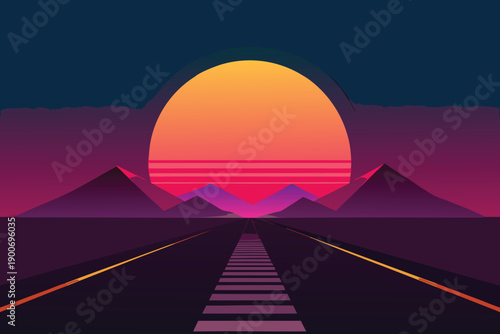 A surreal sunset over mountains with a road leading into the horizon