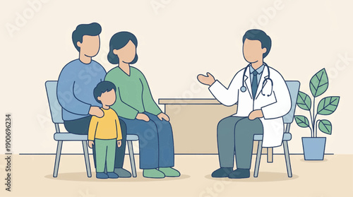 Family consulting with a doctor, discussing health in a clinic, medical care concept