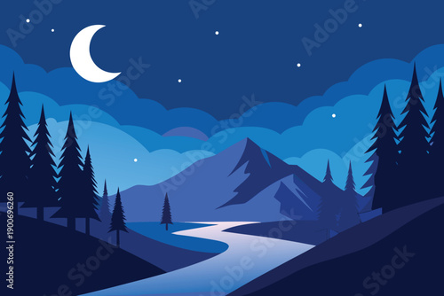 A peaceful winter night forest with snowy mountains, pine trees, and a glowing moon under a starry blue sky