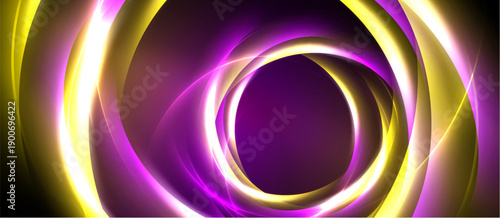 Abstract design features concentric glowing rings. Yellow, purple hues create dynamic visual effect. Dark background emphasizes luminosity.