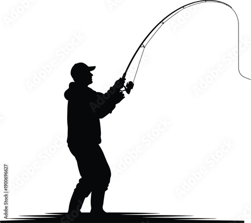 A black silhouette illustration of a man and woman fishing with a rod on a beach as a warrior person holds a bow