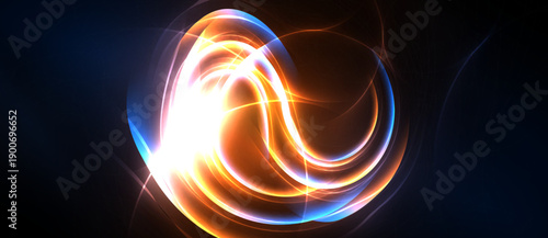Bright abstract swirls, luminous energy flows. Orange, white, blue hues blend, creating dynamic visual impact. Dark background emphasizes glowing form.