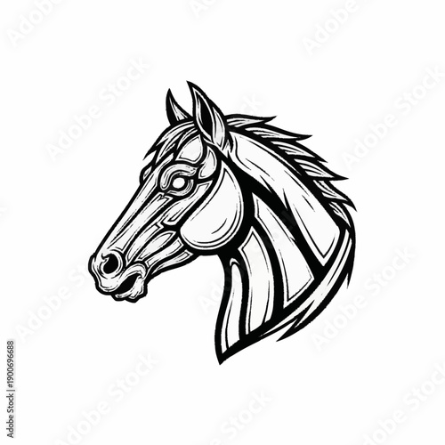 A striking black and white illustration of a horse head, featuring a stylized and geometric design with strong lines and a powerful presence.