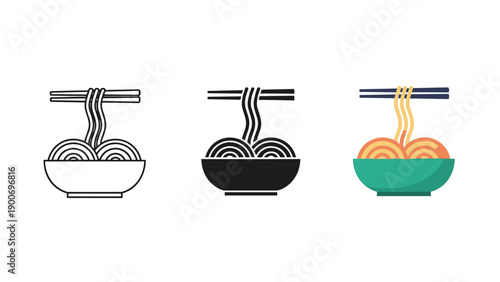 Three bowls of noodles being picked up with chopsticks Vector