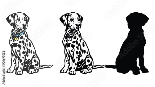 An illustration of dalmatian dogs in different styles and poses