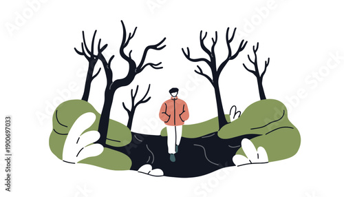 A man stands alone in a desolate landscape with bare trees