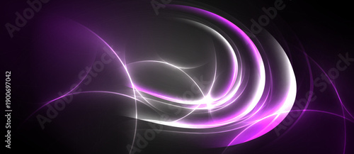Abstract swirls, vibrant purple hues, bright white light. Dynamic energy radiates from center, dark background enhances contrast.