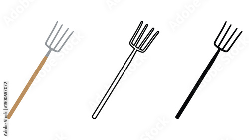 Three different pitchfork illustrations in various colors and styles