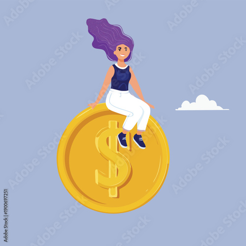 Financial success concept – happy woman sitting on giant flying gold dollar coin